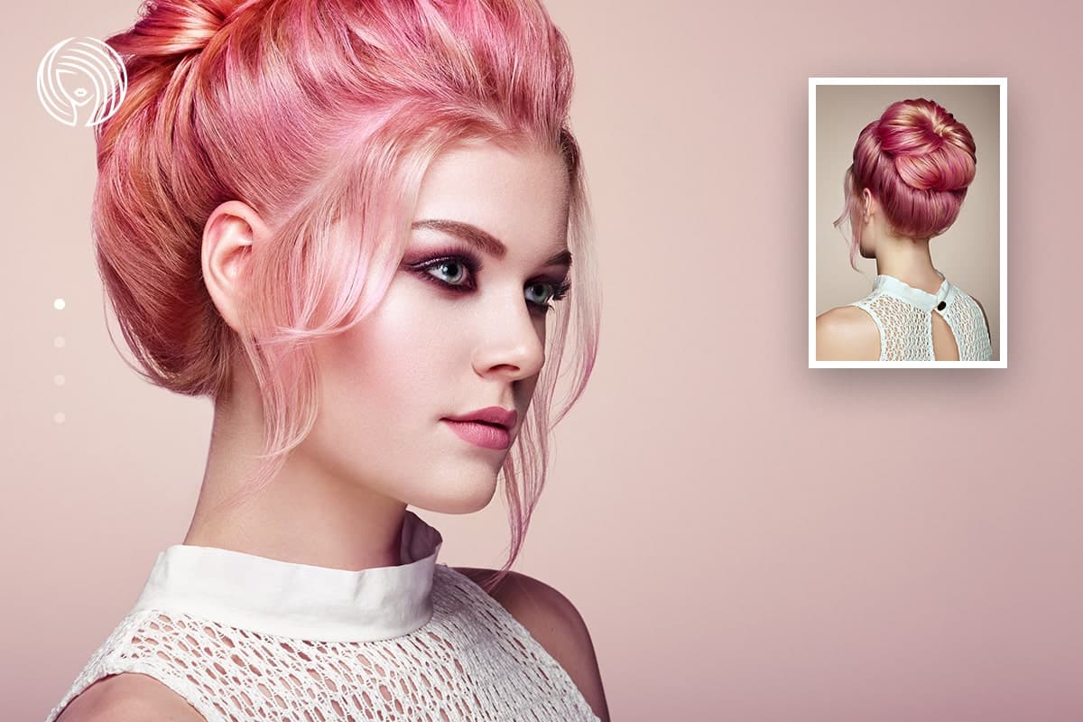 Pink-haired model representing a Total Platinum Salon gift card